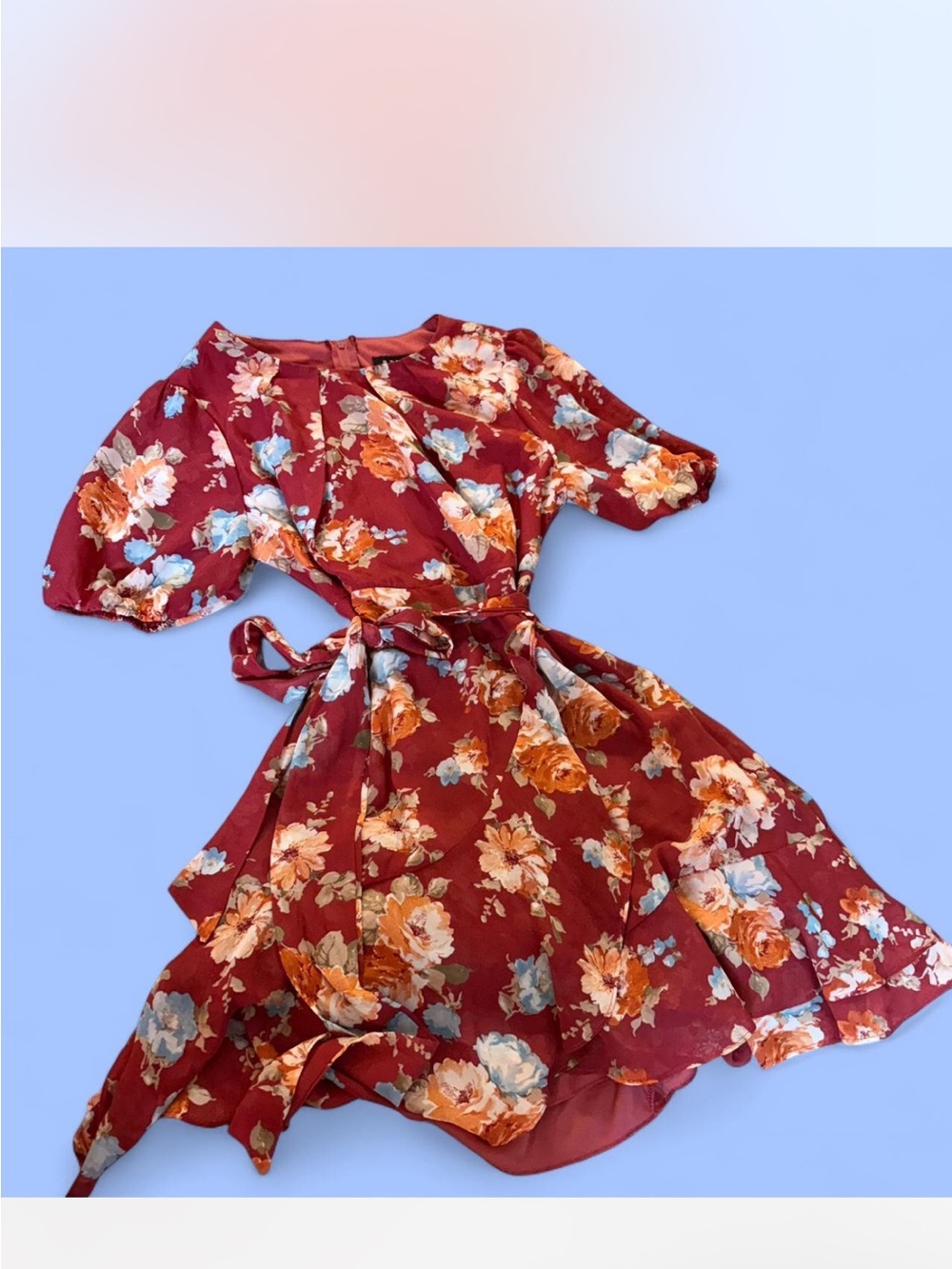 Mini Burgundy Floral Tie-Waist Dress